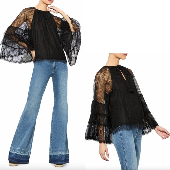 $495 Alice + Olivia Black Lace Delia Blouse Ruffle Top size Medium - Picture 1 of 8